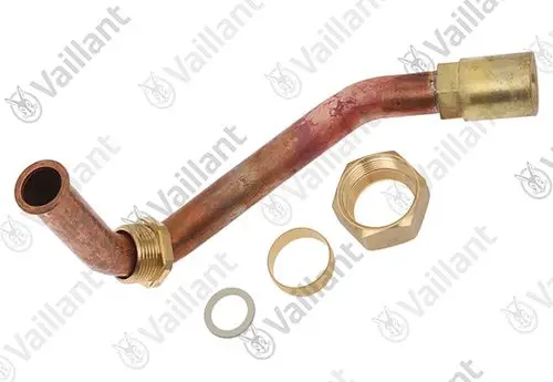 Vaillant Rohrelement aus Kupfer mit einem gebogenen Ende, einer Verbindungsmutter und Dichtungen, geeignet für Heizungsinstallationen.